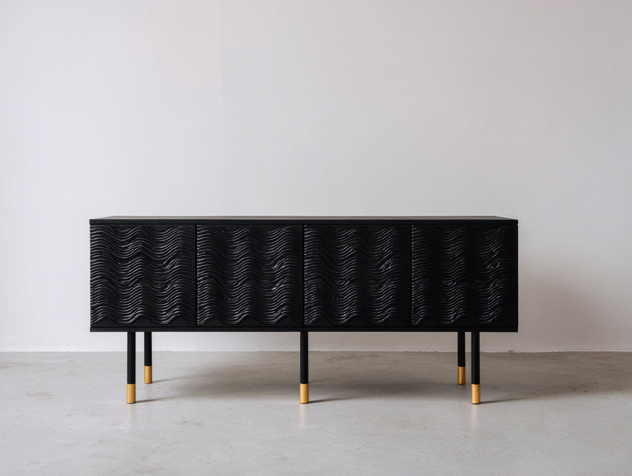 Mueble recibidor de madera 160x40x80 cm - negro y dorado - frente ondulado moderno