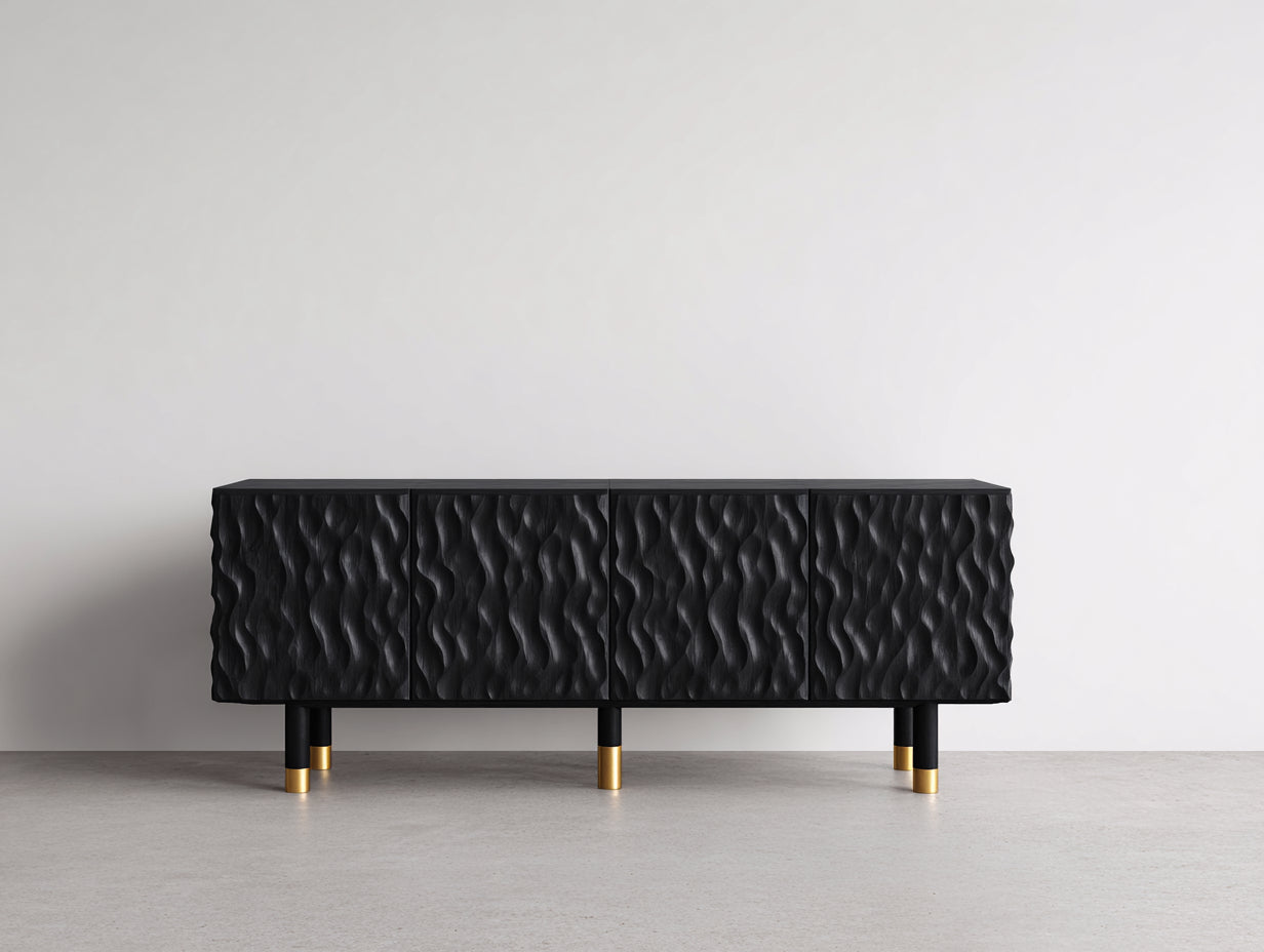 Mueble recibidor de madera 200x50x78 cm negro texturizado - diseño moderno con 4 puertas