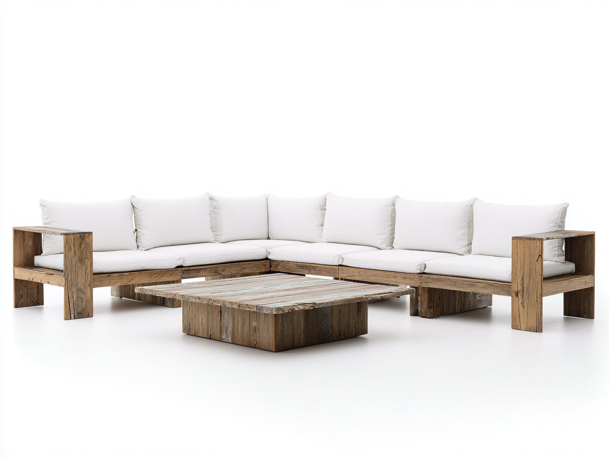 Sofá de exterior rinconero de madera 300x220x70 cm - blanco y marrón - con mesa de centro