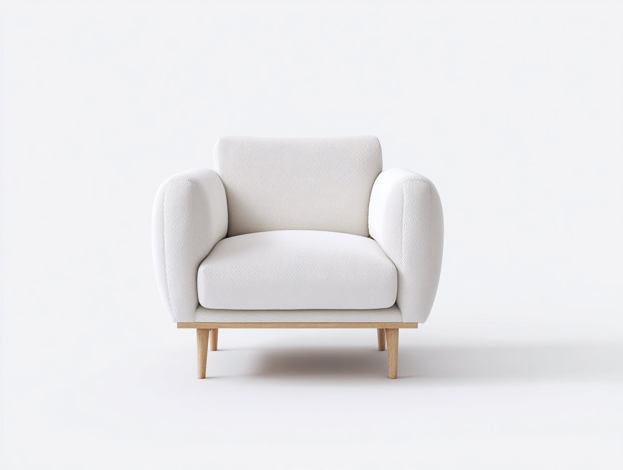 Sillón tapizado 88x84x86 cm - blanco y madera natural - diseño moderno con patas altas