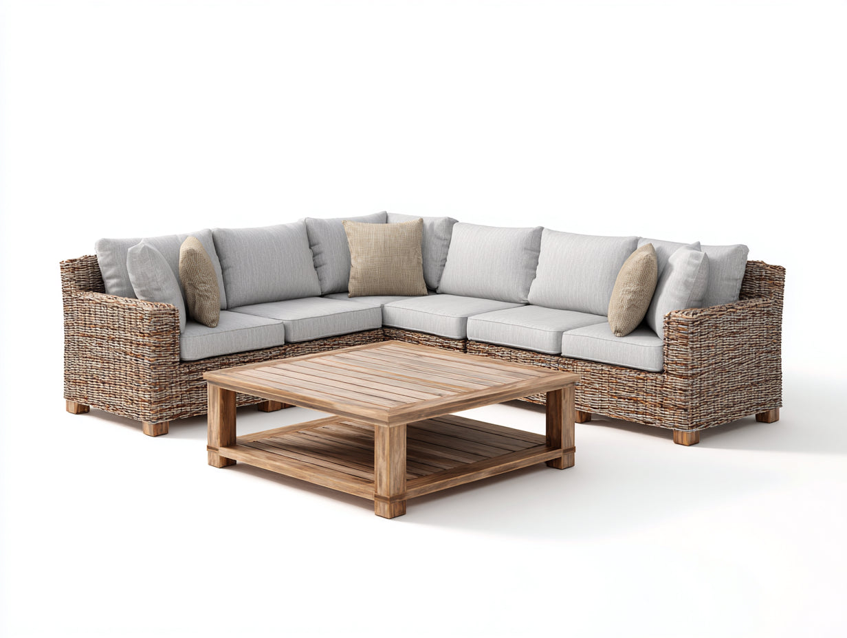 Sofá de exterior rinconero de ratán y madera 280x280x72 cm - beige y marrón - con mesa de centro