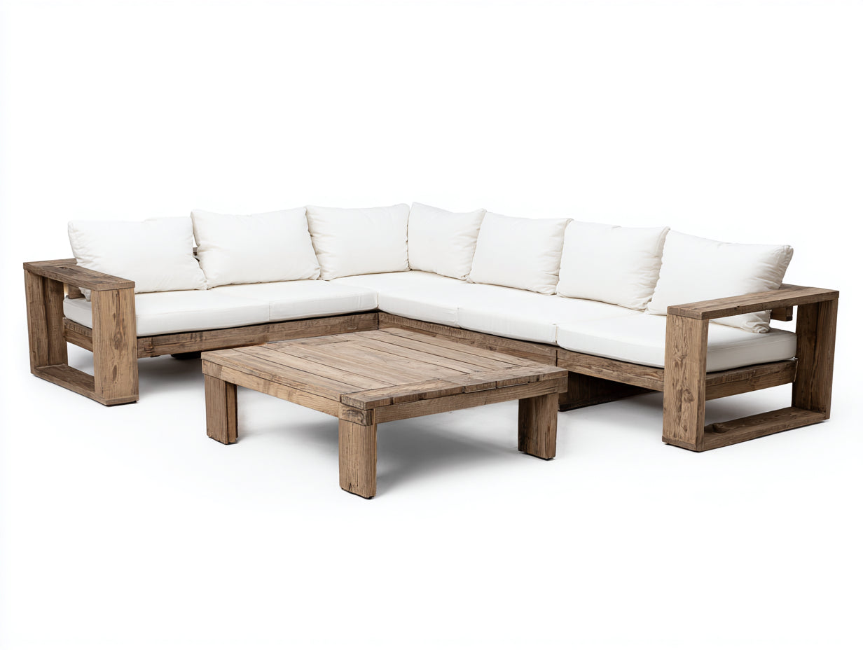 Sofás de exterior madera 275x275x76 cm natural-blanco - conjunto esquinero con mesa de centro