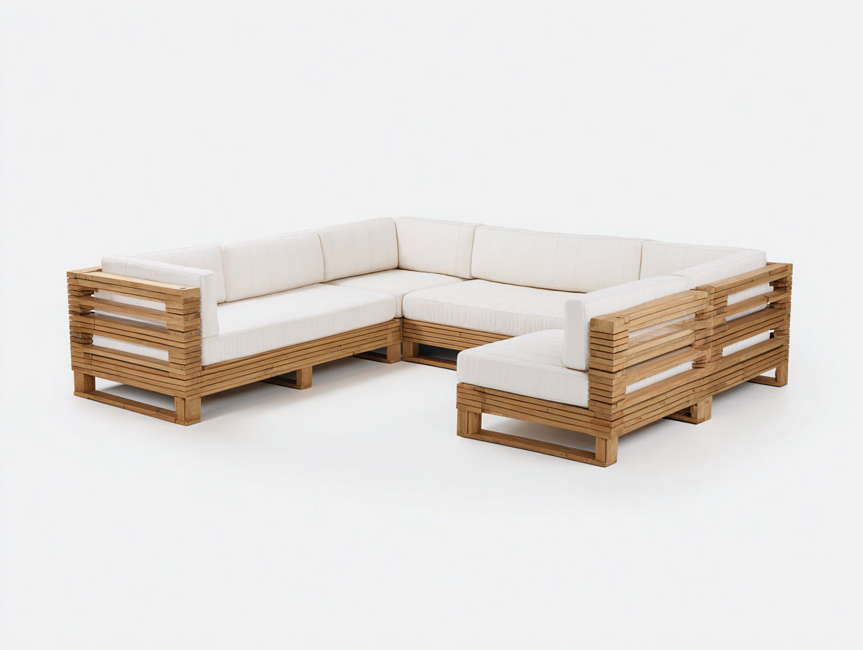 Sofá de exterior rinconero de madera 260x200x70 cm - blanco y marrón - diseño modular