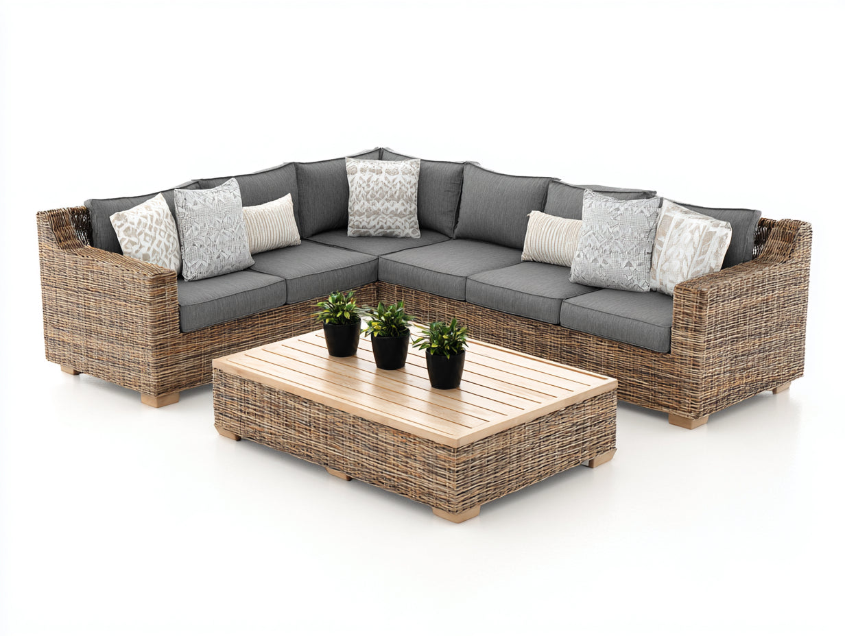 Sofás de exterior ratán 270x230x80 cm natural-gris - conjunto esquinero de jardín con mesa