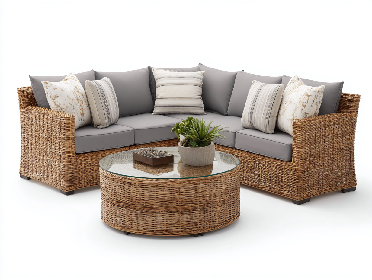 Sofá de exterior rinconero de ratán 240x240x72 cm - gris y marrón - con mesa redonda