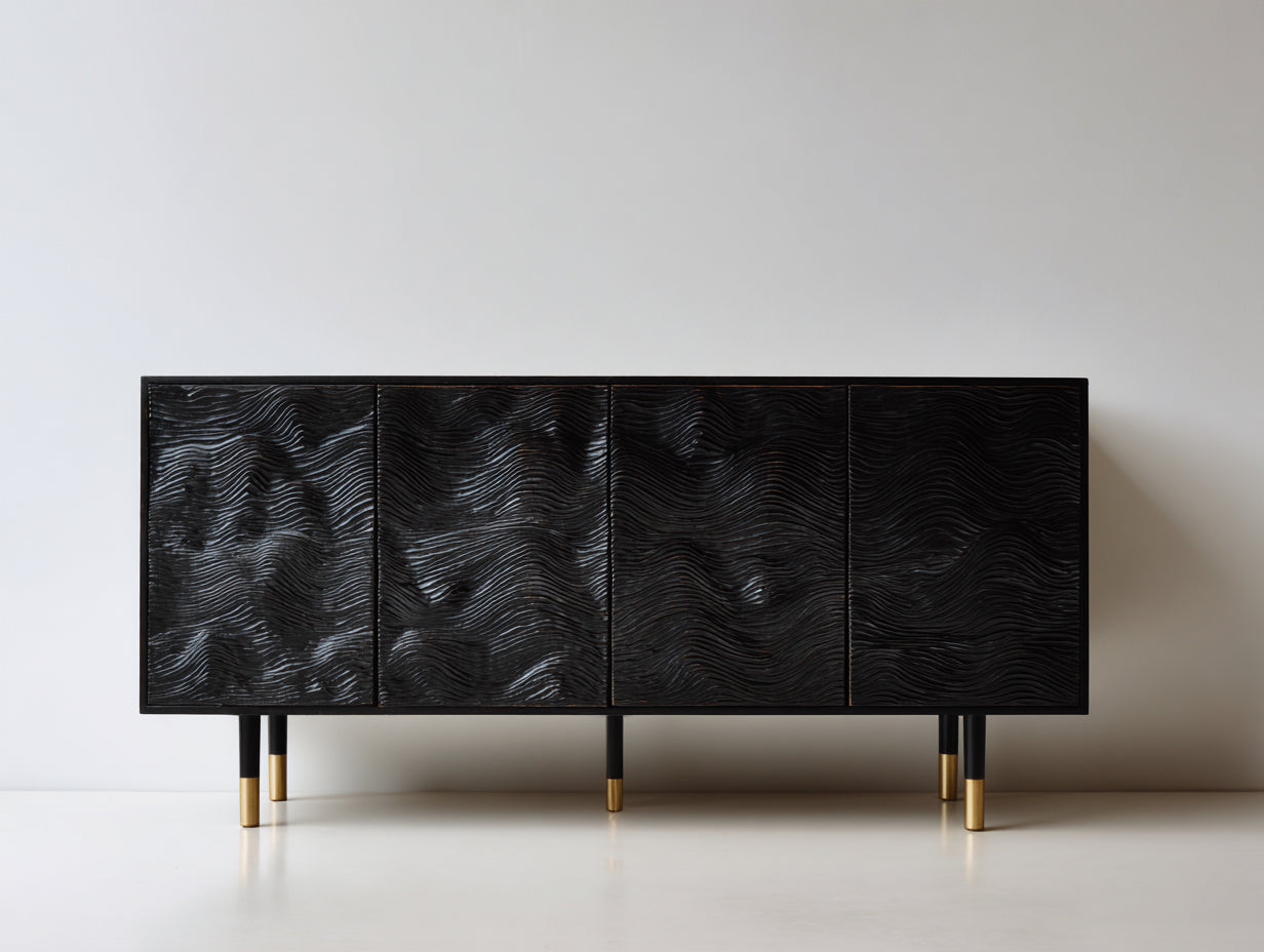 Mueble recibidor de madera 180x45x75 cm negro texturizado - diseño moderno con 4 puertas