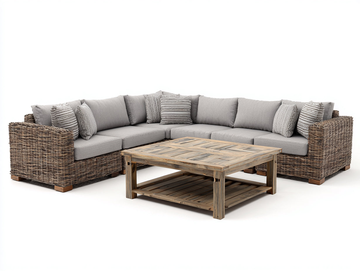 Sofás de exterior ratán 260x260x78 cm natural-gris - conjunto esquinero con mesa