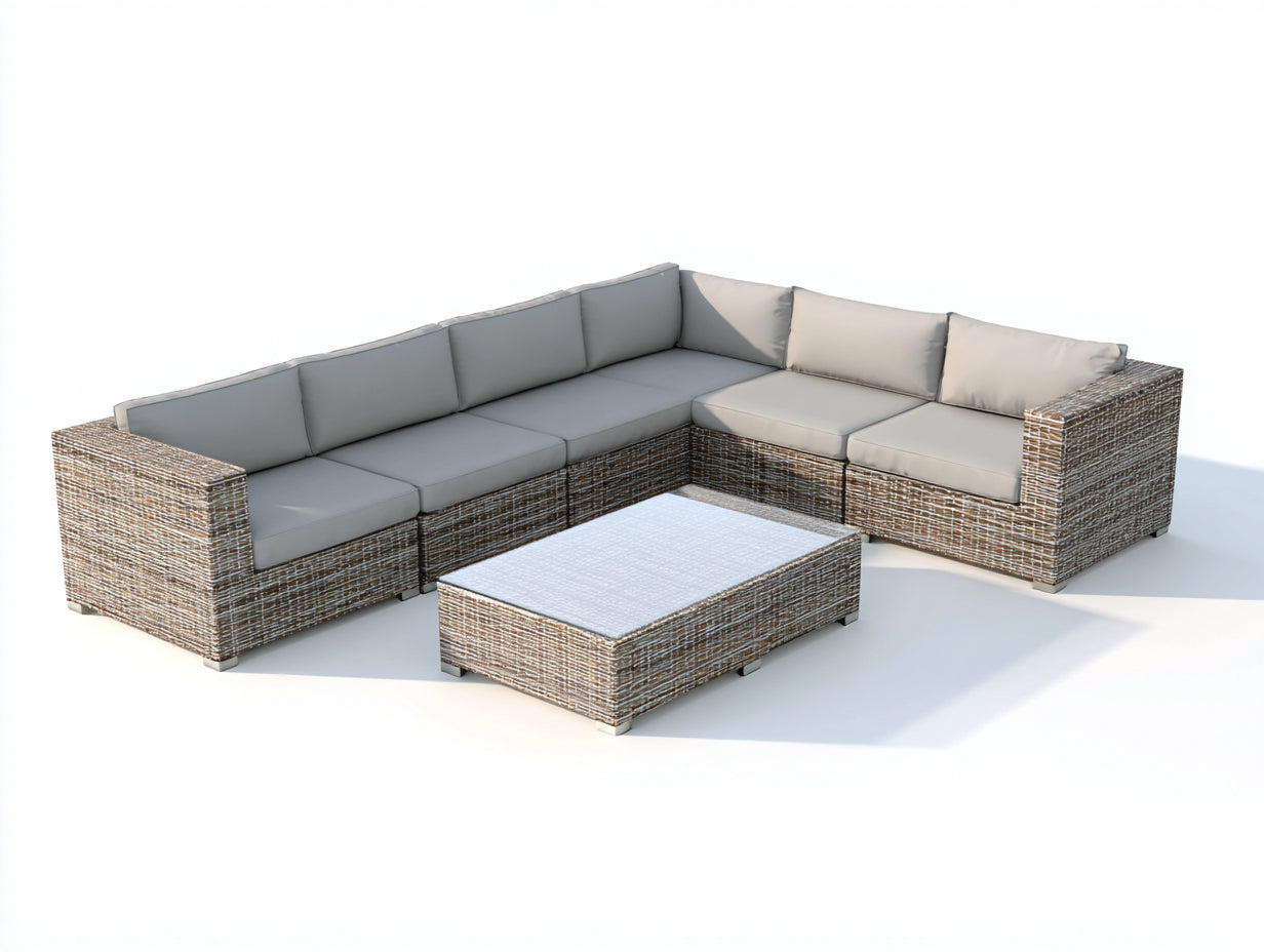 Sofá de exterior rinconero de ratán 270x210x70 cm - gris y marrón - con mesa rectangular